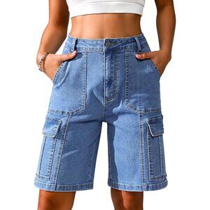 Women's Long Cargo Shorts - 6 Pocket High-Waisted Stretch Comfort Fit